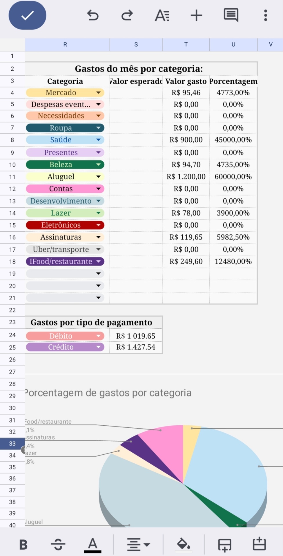 Planilha financeira bônus aberta no celular